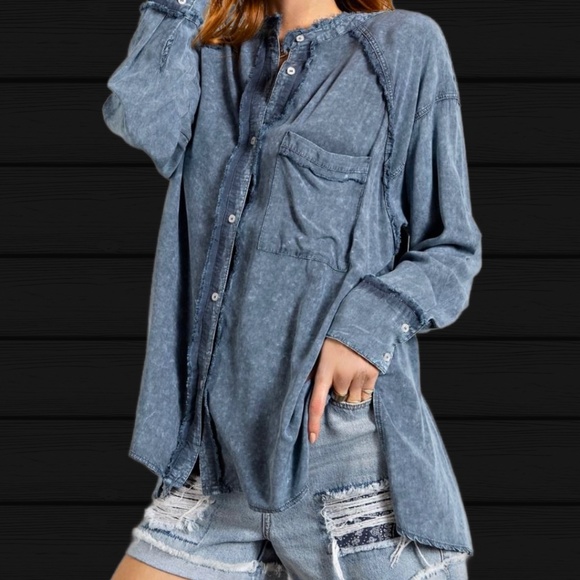 EASEL "Summer Breeze" Mineral Washed Frayed Seams Button Up Tunic Top Side Slits - Picture 12 of 15